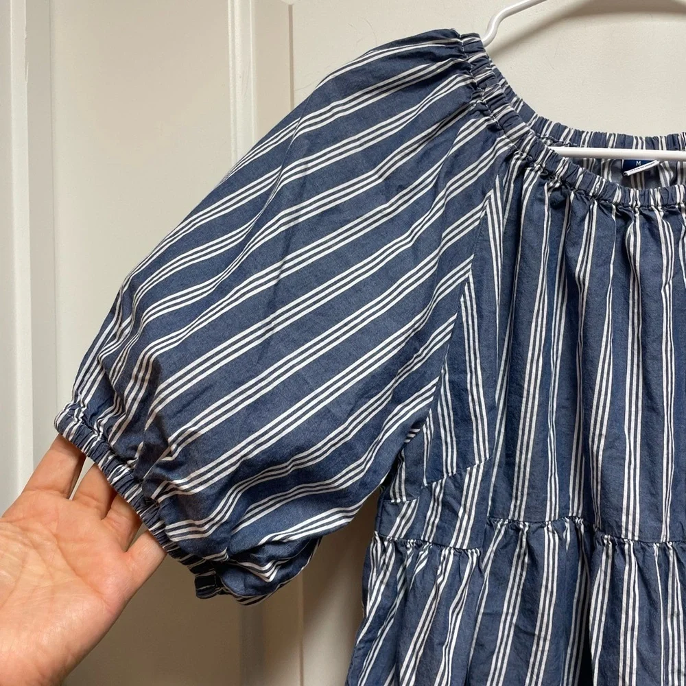 💙 Off the Shoulder Sz Medium Navy & White Striped Puff Sleeve Bohemian Blouse